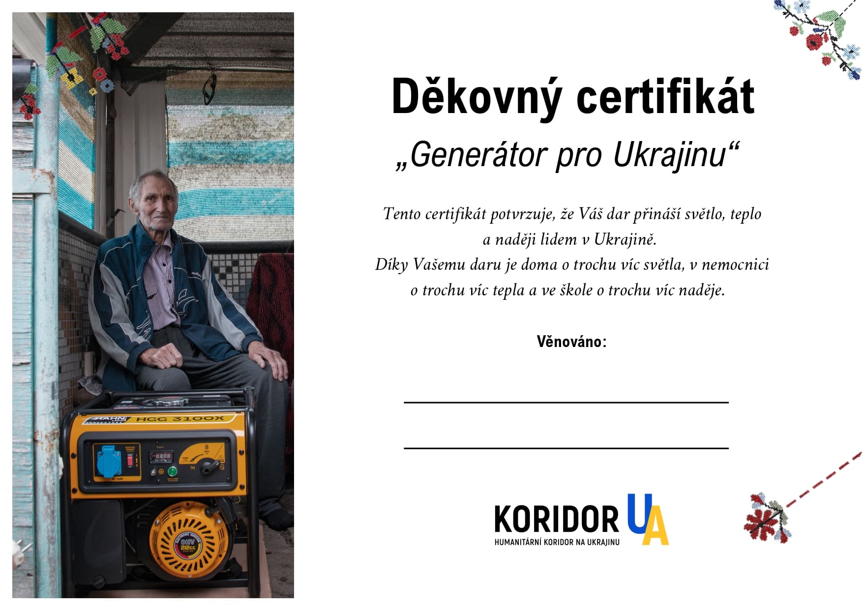 Děkovný certifikát – Generátor