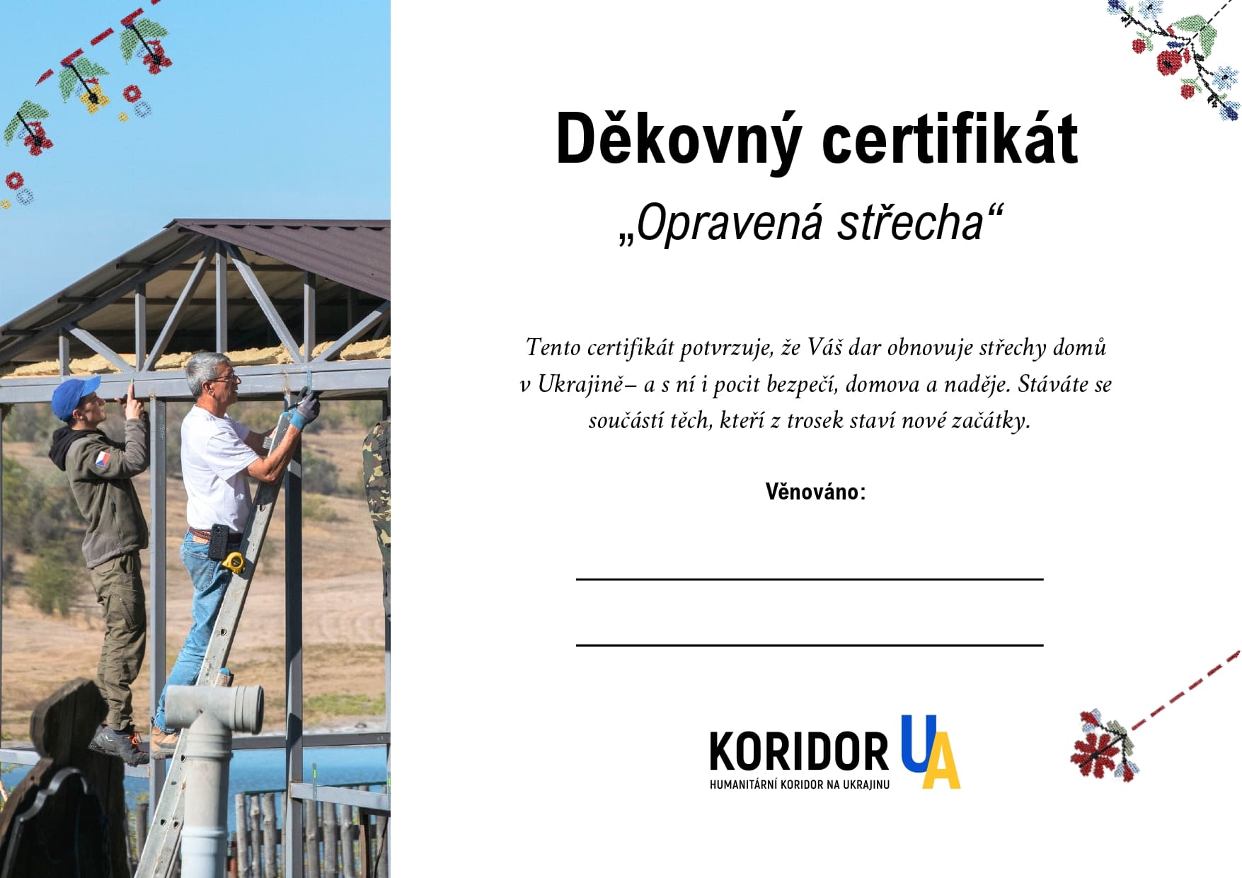 Děkovný certifikát – Střecha