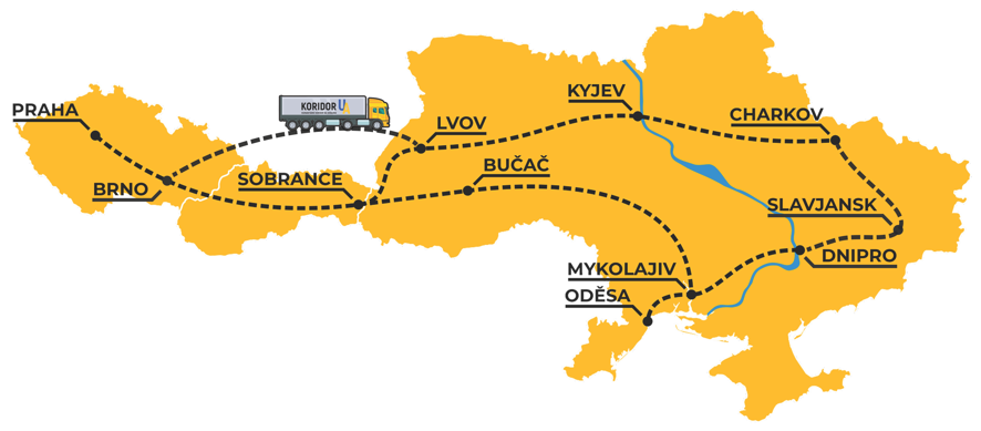 Mapa Ukrajiny, kde Koridor rozváží